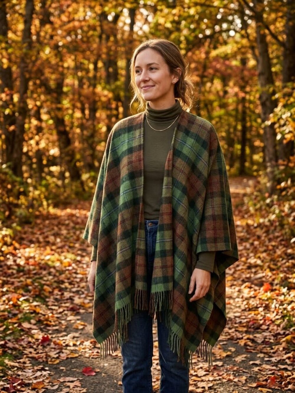 Cawdor Castle Scotland Green & Brown Plaid Lambswool Fringe Poncho Wrap Vintage